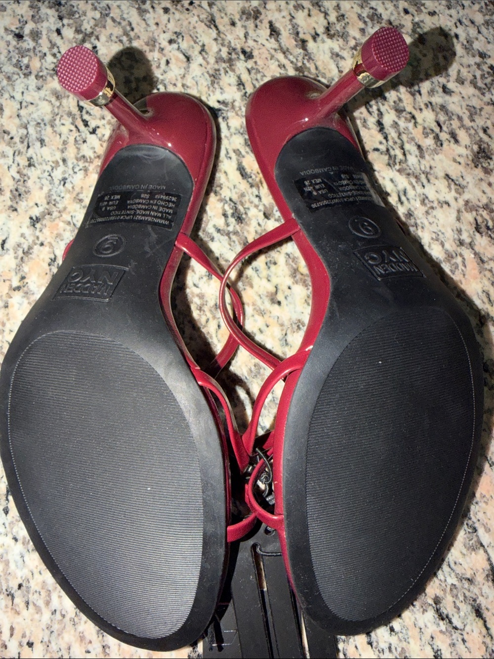 NYC Women's Burgundy Strappy Heeled Sandals with Gold Accent - Picture 6 of 11